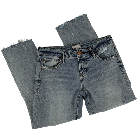 Dear John Erin Slim Straight Jeans Distressed Light Wash Cropped Raw Hem 27 Boho - Picture 1 of 13